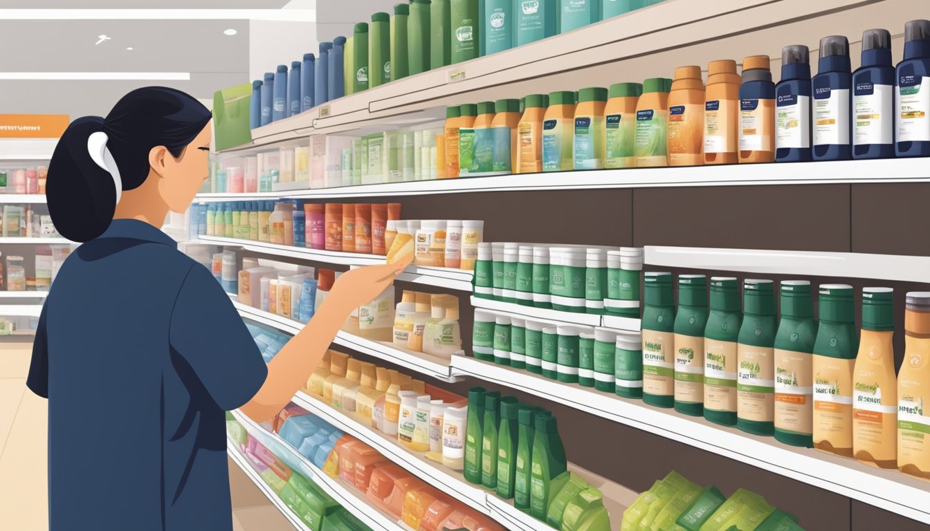 A customer selects Amway products from shelves in a Singaporean retail store