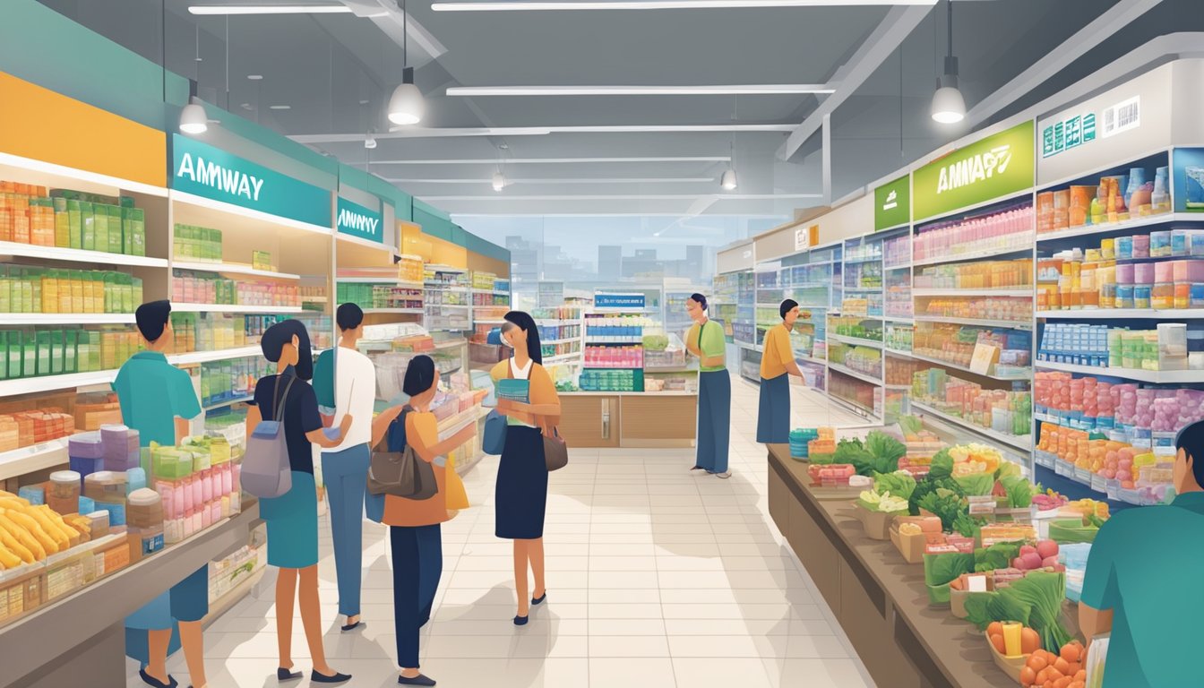 A bustling Singapore market with Amway products displayed on shelves, customers browsing and making purchases, and a friendly sales representative assisting a customer