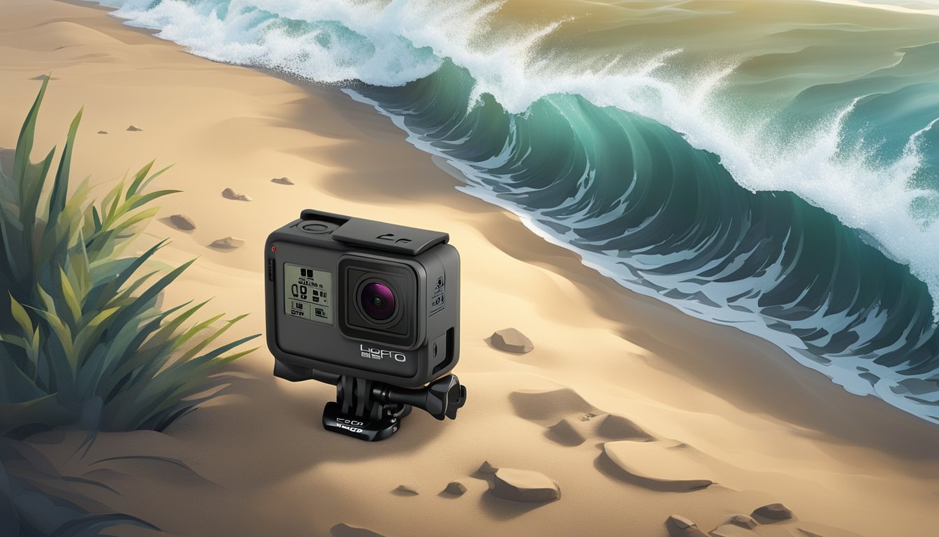 The GoPro Hero 5 Black sits on a rugged terrain, capturing the stunning landscape with its wide-angle lens. Waves crash against the shore as the camera records in crisp, high-definition detail