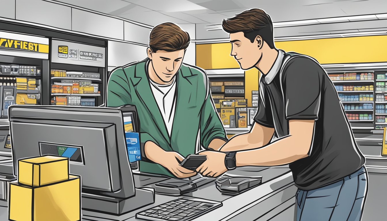 A customer swipes a credit card at the checkout counter, purchasing a Hero 5 Black at Best Buy