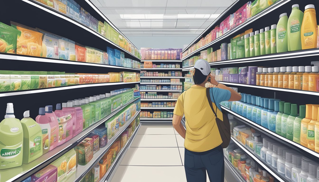 A customer browsing through Amway products displayed on shelves in a Singaporean store
