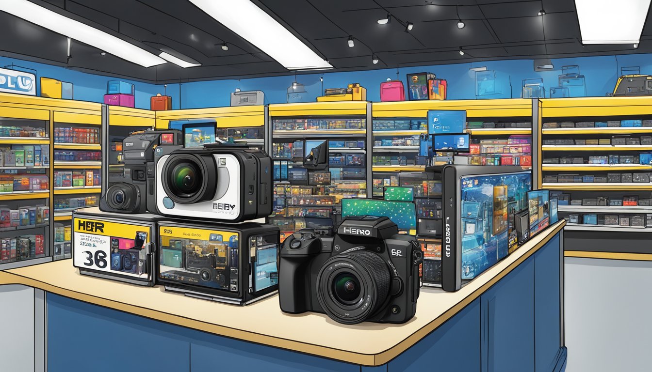 The Hero 5 Black camera sits on a shelf at Best Buy, surrounded by customers and bright store lights