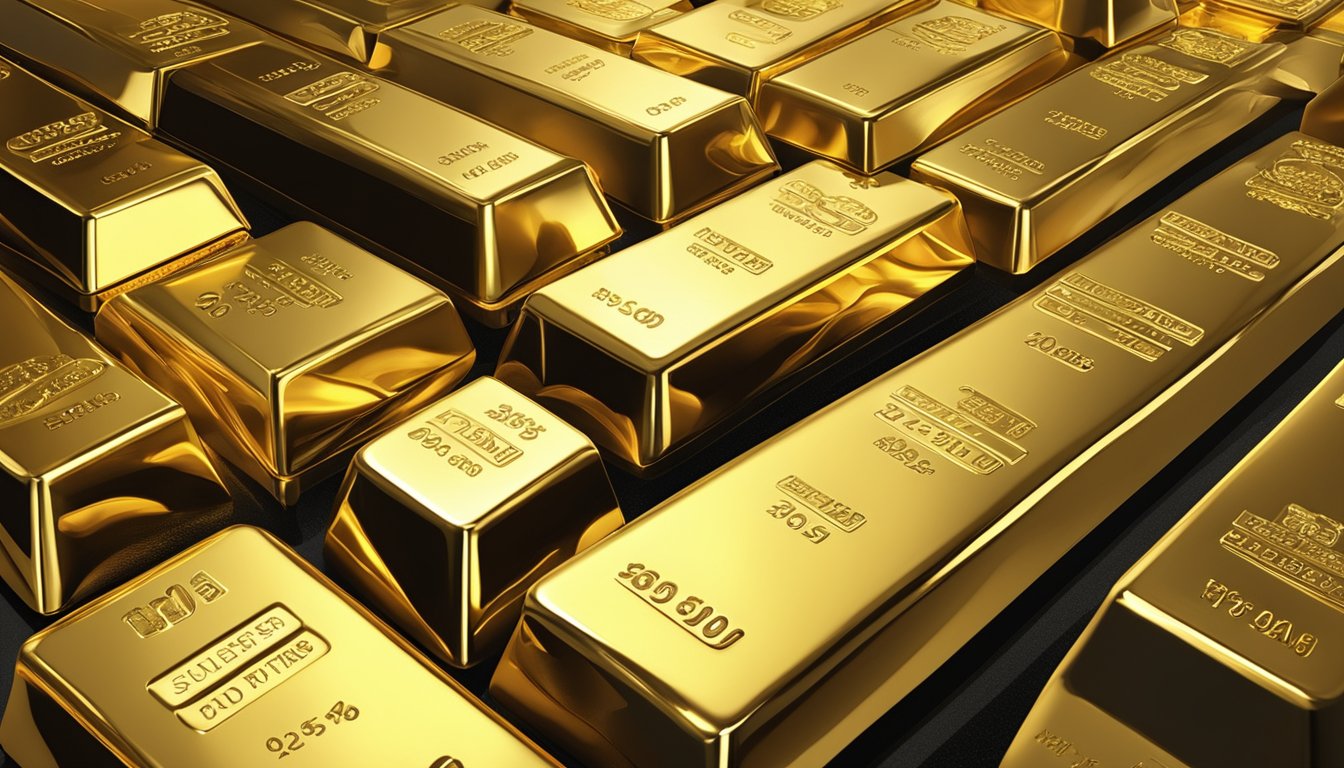 A display of various gold bars and coins, gleaming under bright light, with price tags and purity labels