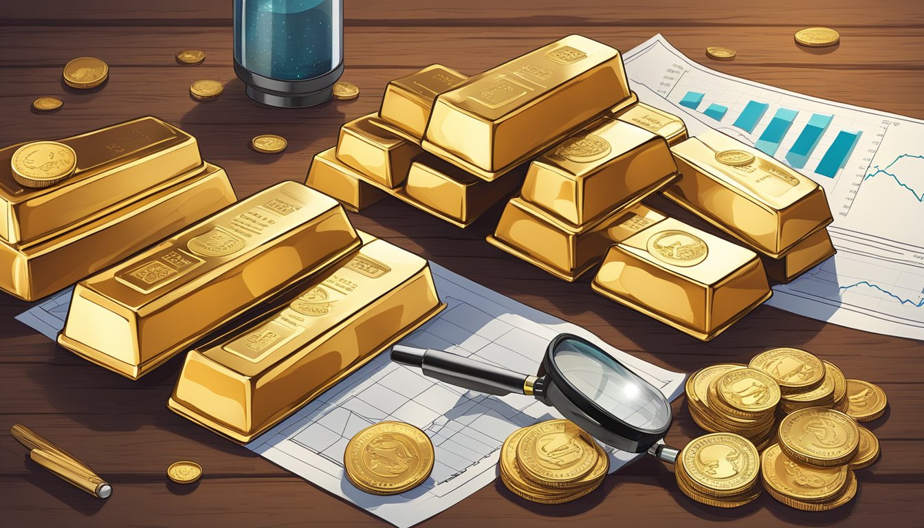 A stack of gold bars and coins displayed on a polished wooden table, with a magnifying glass and investment charts nearby