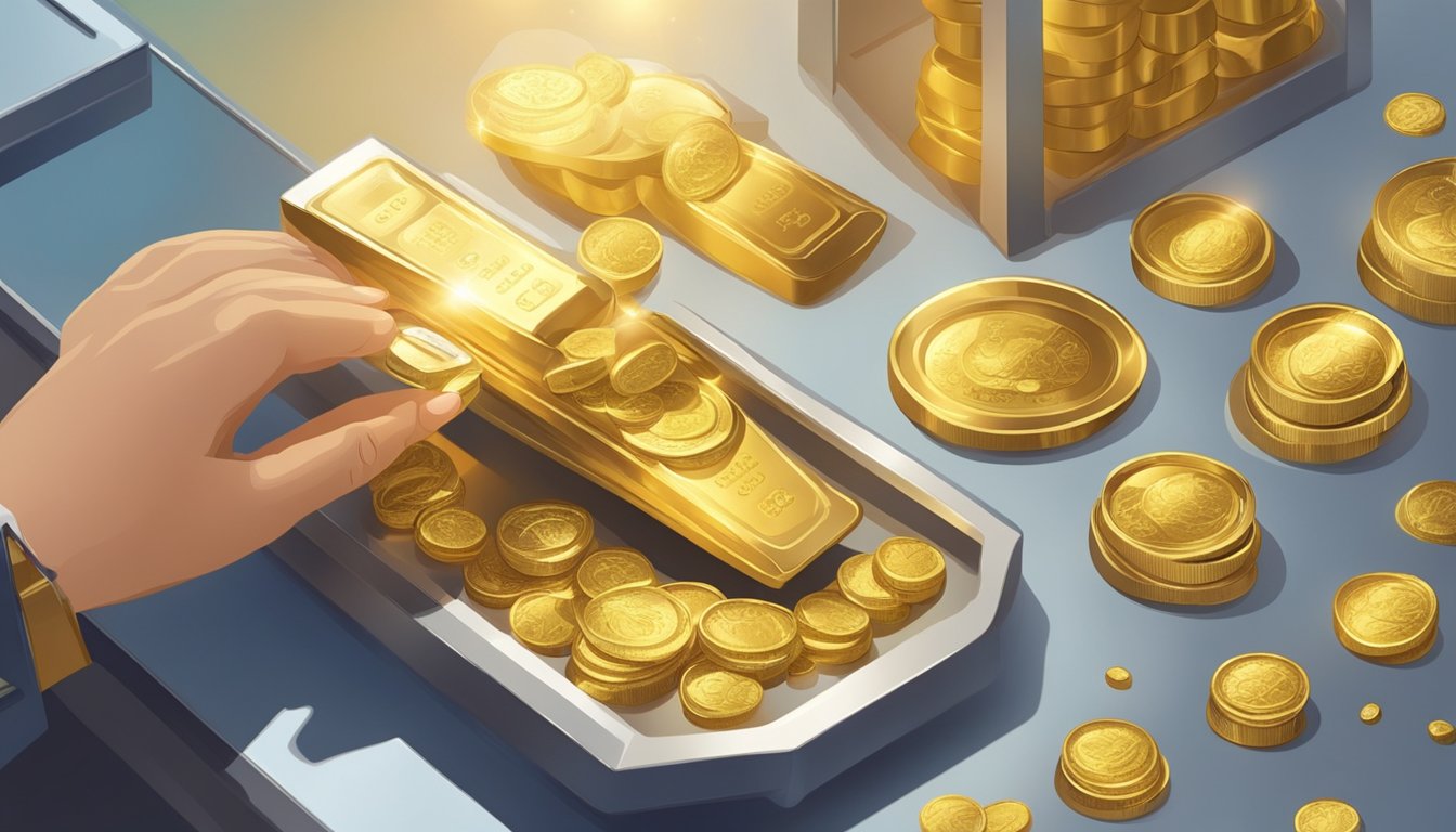 A person weighing different types of gold in their hand, comparing their color and shine under a bright light
