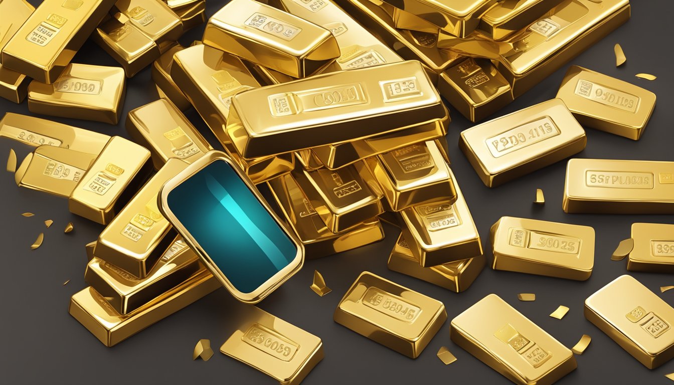 A stack of gold bars labeled with different purity levels, surrounded by question marks and a magnifying glass