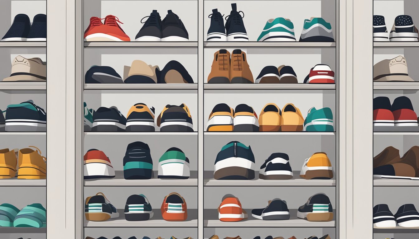 A shoe cabinet sits against a wall, filled with neatly organized pairs of shoes. The cabinet is sleek and modern, with a clean and minimalist design
