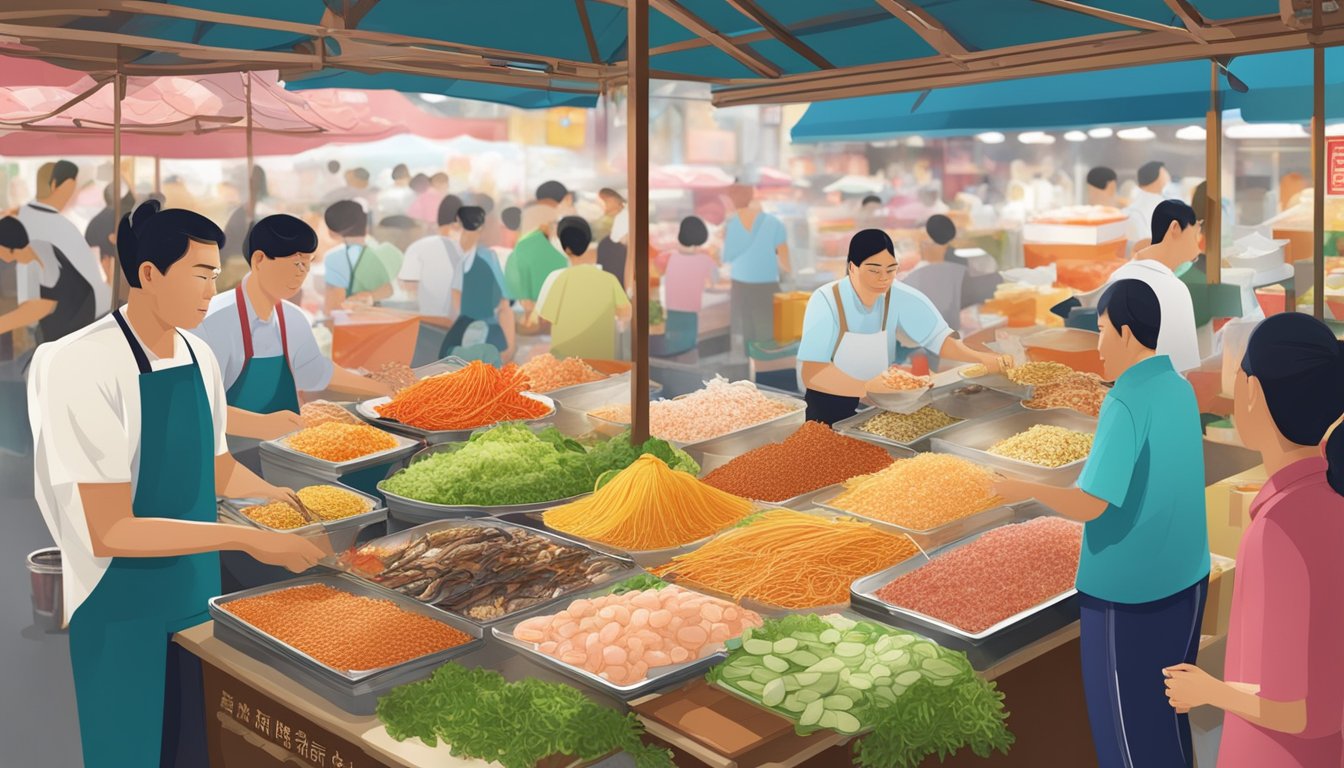 A bustling Singapore market stall sells yusheng ingredients, with vibrant colors and fresh seafood on display