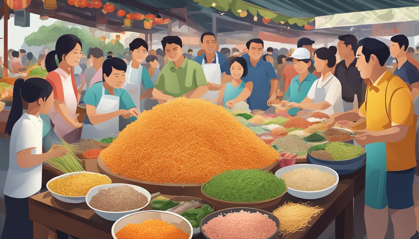 A bustling market stall displays colorful ingredients for yusheng, surrounded by eager customers in Singapore