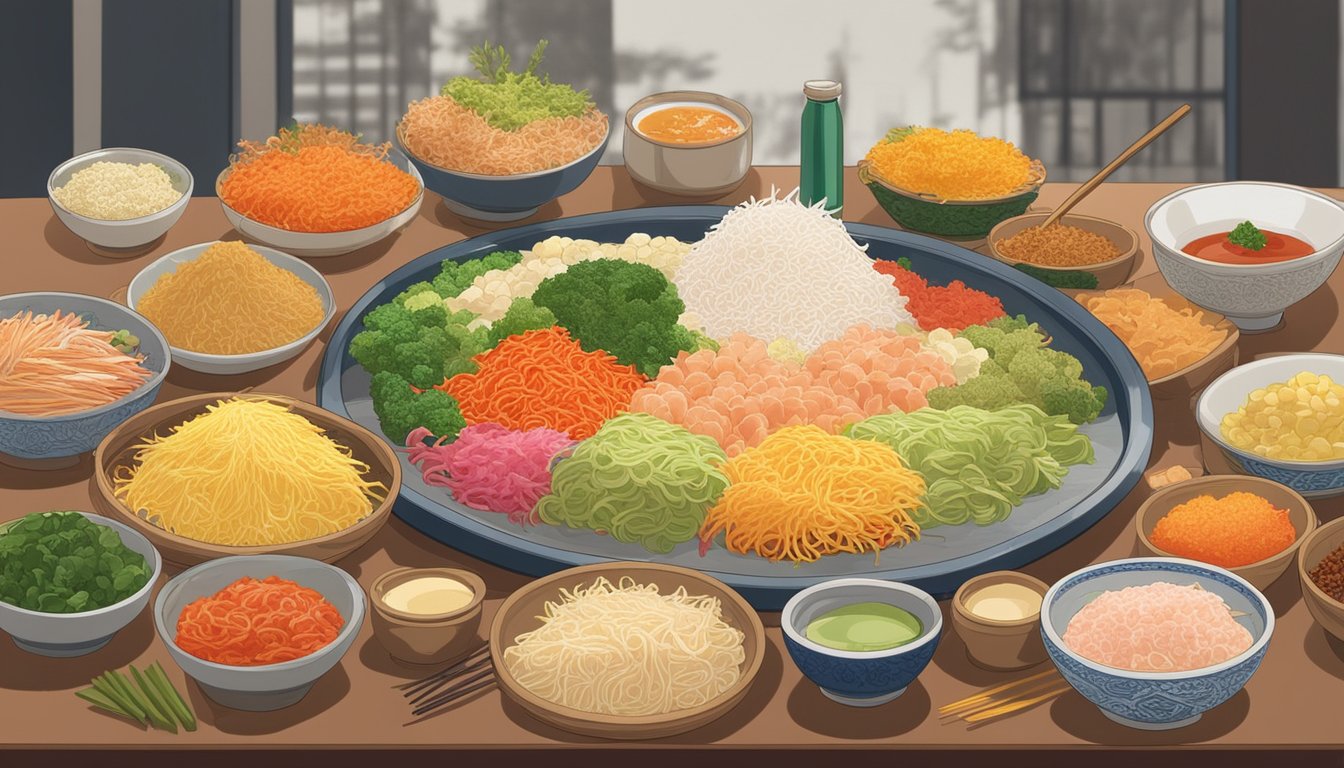 A colorful display of various Yusheng ingredients arranged on a table, including fresh fish, shredded vegetables, sauces, and condiments. A sign reads "Where to buy Yusheng in Singapore."