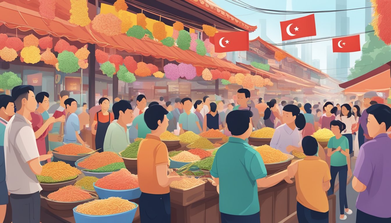 A bustling Singapore market with colorful yusheng displays and eager customers asking for directions to purchase