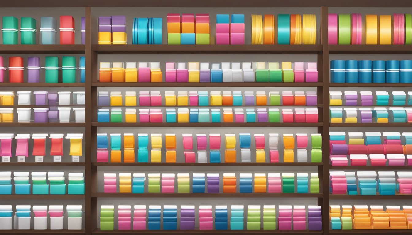 A display of wristbands in various colors and designs, showcased on shelves in a store in Singapore