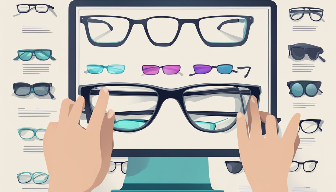 A computer screen displays a variety of stylish eyeglass frames. A hand reaches for a mouse, ready to click and select the perfect pair