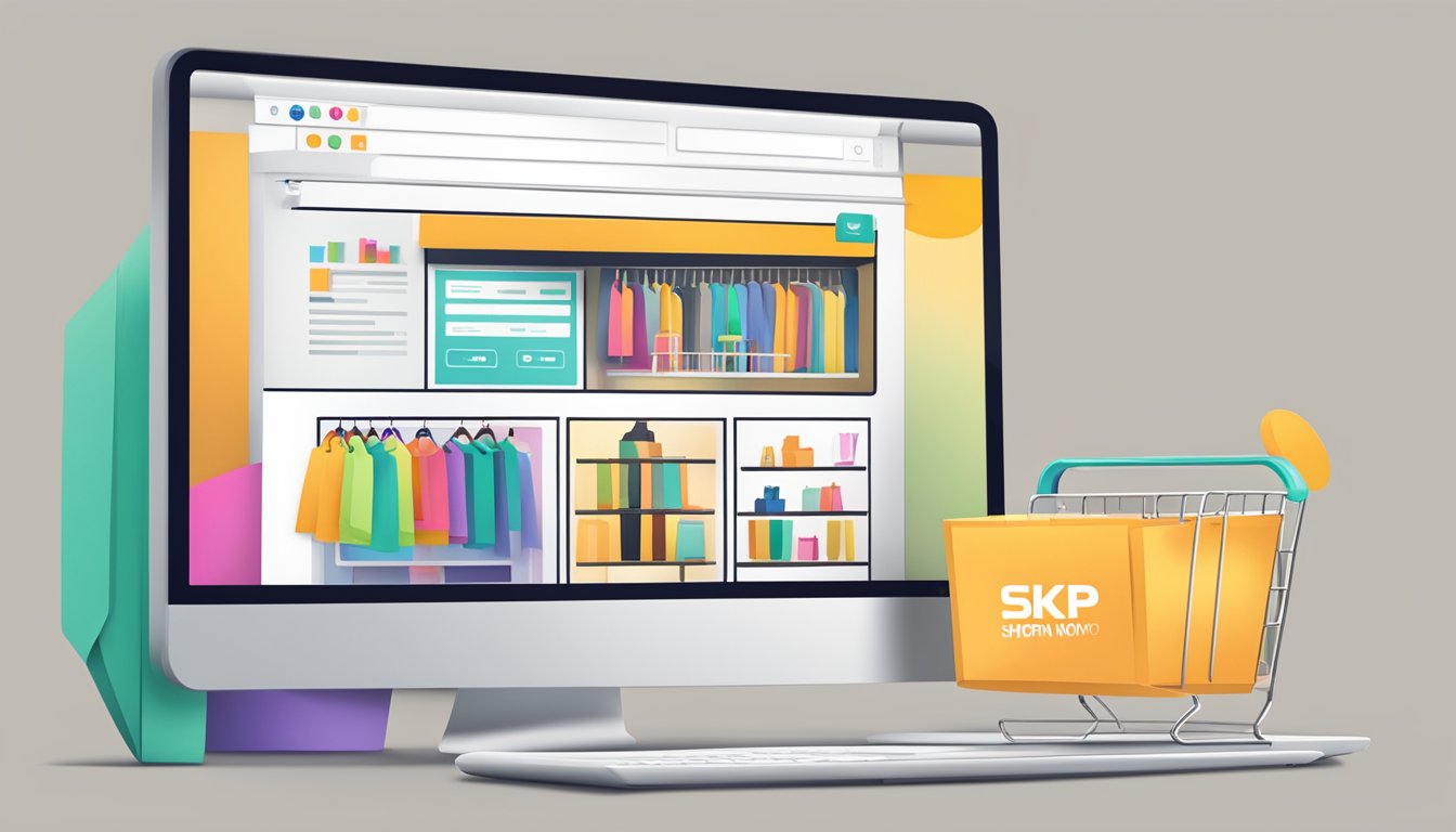 A computer screen displaying an online shopping website with the SKP brand logo, a search bar, and a "buy now" button