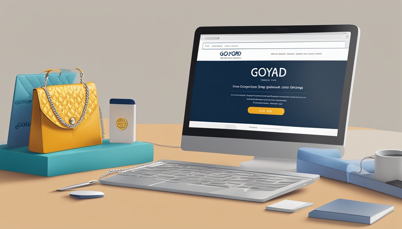 A computer screen displaying the Goyard website with a cursor clicking on the "Shop Online" button. A credit card and shipping address are visible on the screen