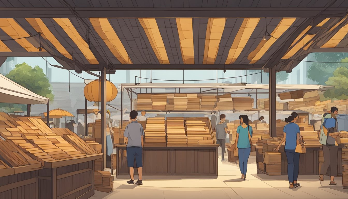 A bustling market stall displays a variety of wood veneer sheets in Singapore. Customers browse the selection, while the vendor stands ready to assist