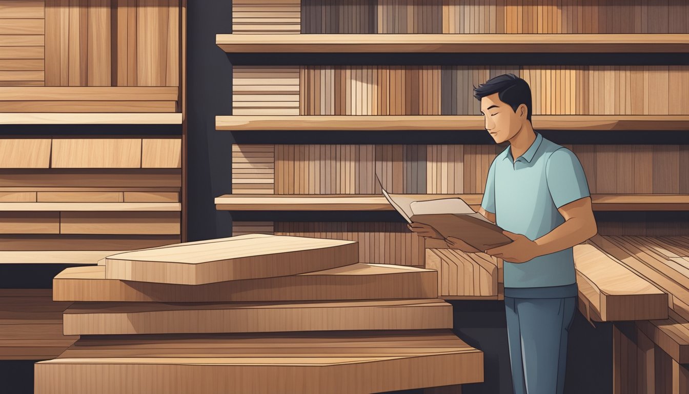A person browsing through various wood veneer options at a specialty store in Singapore, carefully examining the textures and colors available