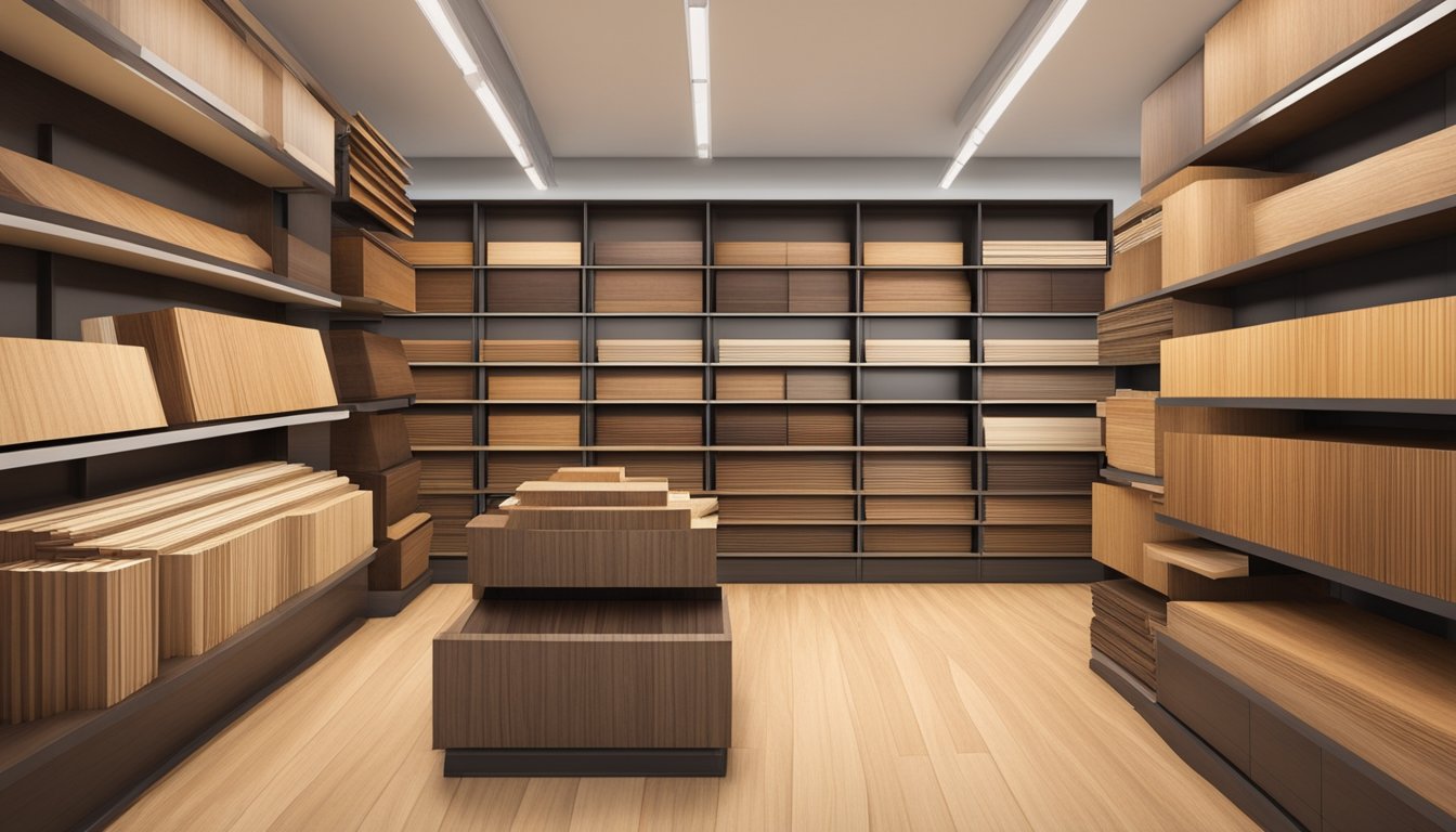 A display of wood veneer sheets in a Singaporean shop, with various types and finishes neatly arranged on shelves for easy browsing