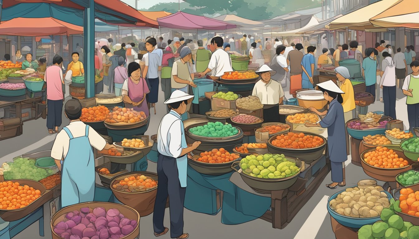A bustling Singapore market, with colorful steamboat pots on display and customers browsing