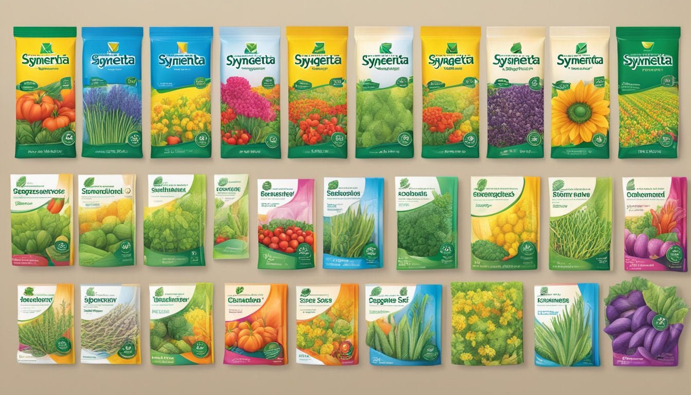 A table displaying various Syngenta seed packets, with colorful and vibrant packaging, arranged neatly for easy browsing and selection