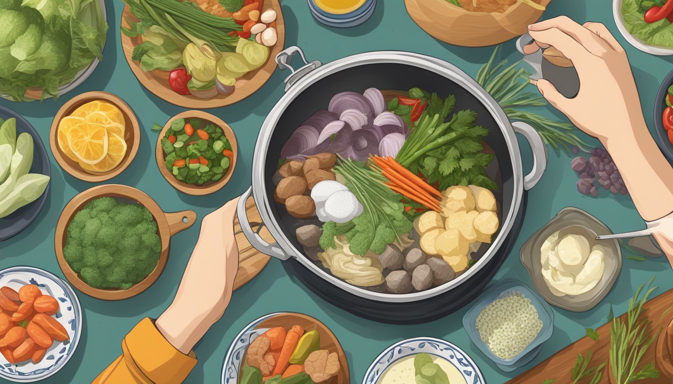 A hand reaches for a traditional steamboat pot, surrounded by various fresh ingredients and condiments on a kitchen counter