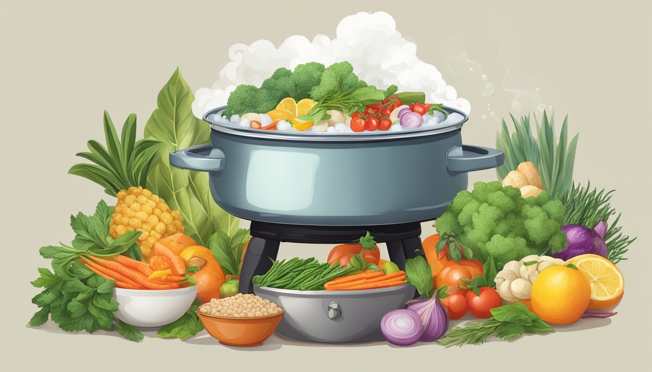 A table set with a colorful array of fresh ingredients surrounding a bubbling steamboat pot, emitting aromatic steam