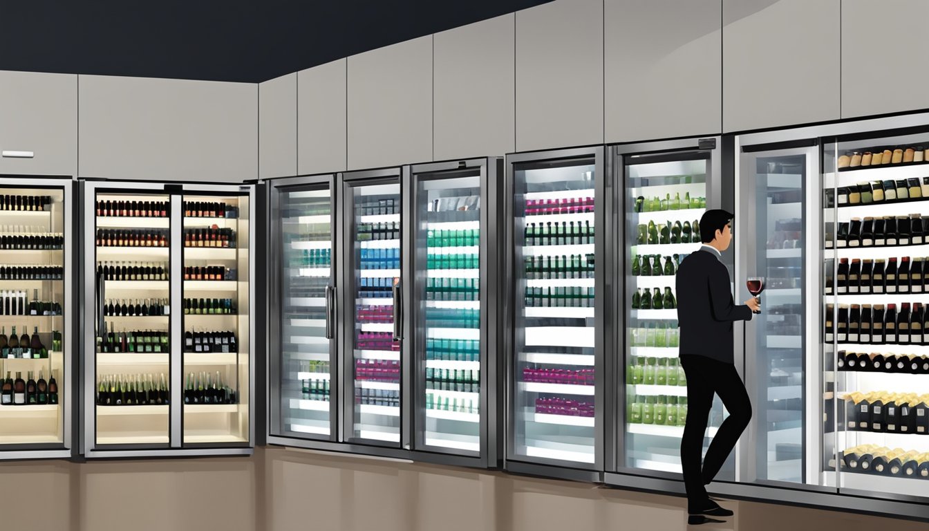 A wine enthusiast browsing through sleek wine fridges at a modern appliance store in Singapore