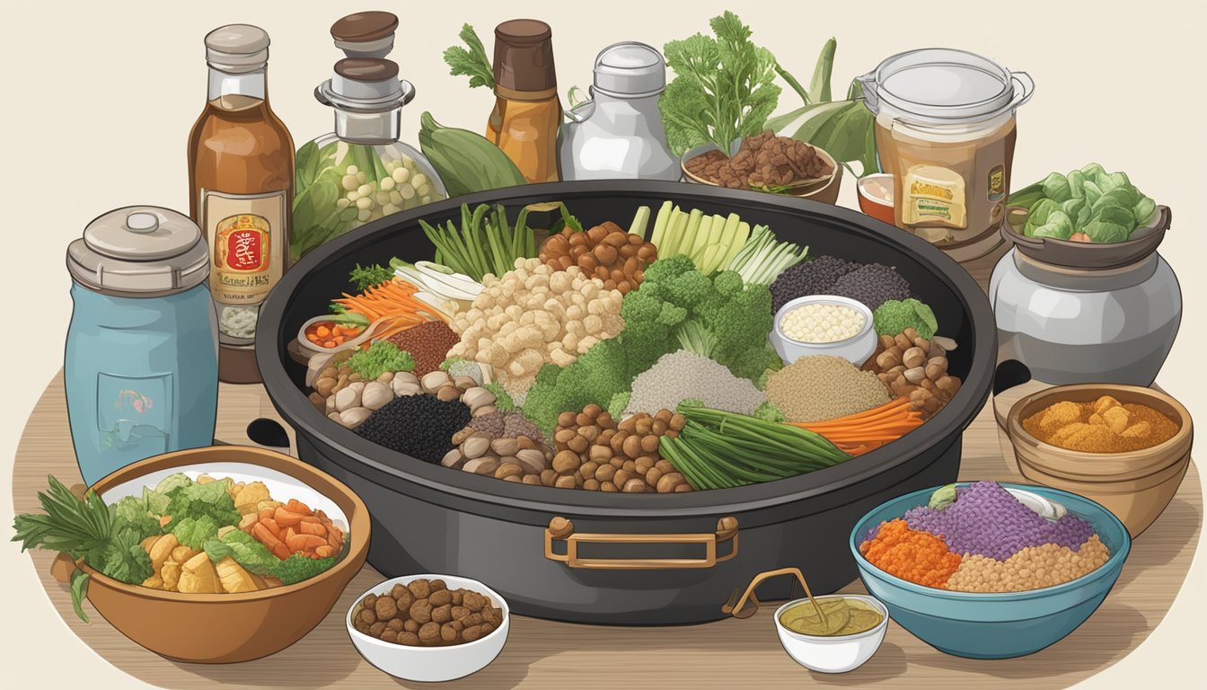 A steamboat pot surrounded by various ingredients and condiments, with a sign displaying "Frequently Asked Questions" in a bustling Singapore market