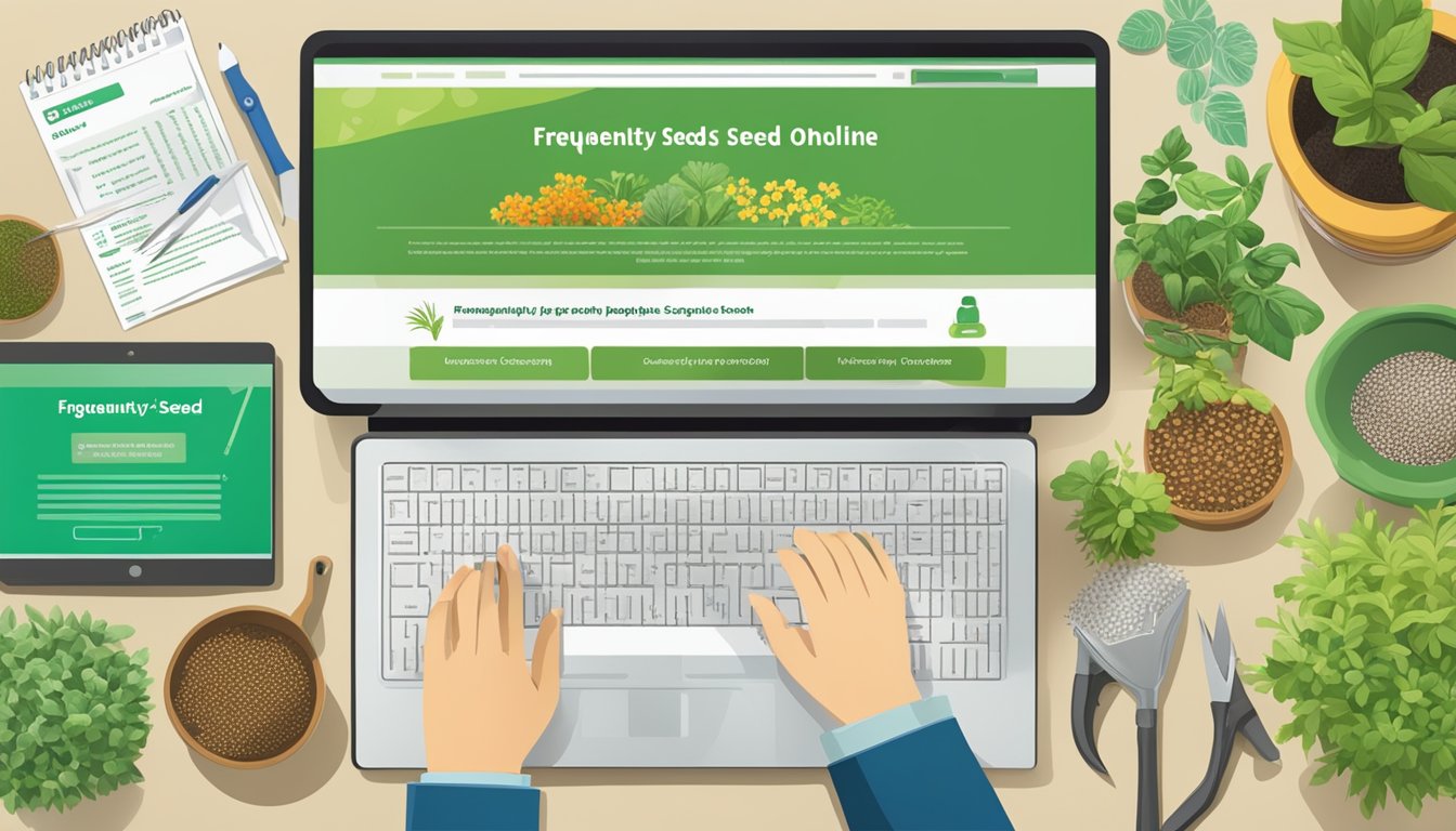 A computer screen displaying a webpage with the title "Frequently Asked Questions buy Syngenta seeds online" surrounded by various plant seeds and gardening tools