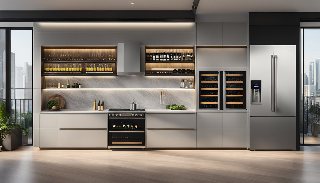 A sleek wine fridge sits on a modern kitchen countertop in a well-lit showroom in Singapore. The fridge is surrounded by other high-end appliances, and a sign indicates it is available for purchase