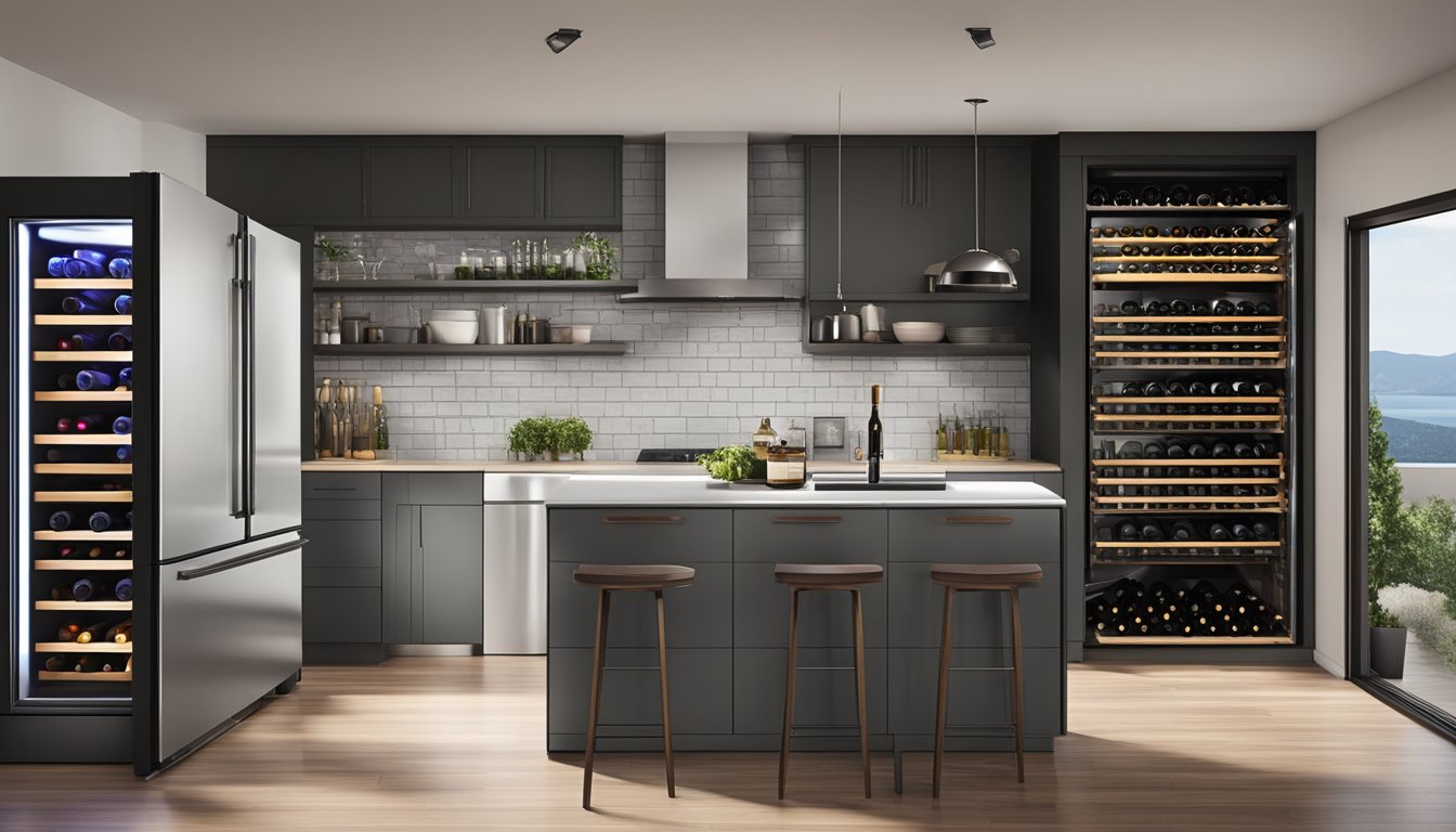 A wine fridge sits in a modern kitchen, surrounded by sleek appliances and elegant decor. The fridge is open, revealing rows of neatly organized wine bottles