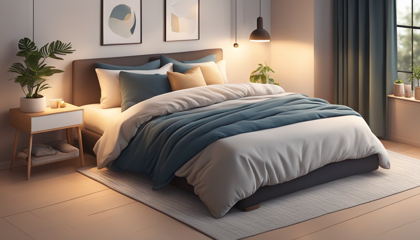 A cozy bedroom with a weighted blanket on a neatly made bed, surrounded by soft pillows and warm lighting. A serene atmosphere invites relaxation