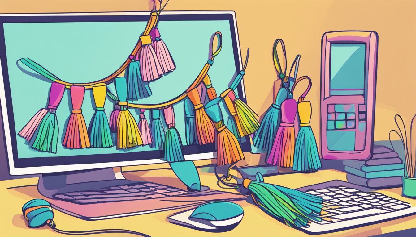 Colorful tassels displayed on a computer screen. A cursor clicks "Add to Cart" button. Text reads "Buy Tassels Online."
