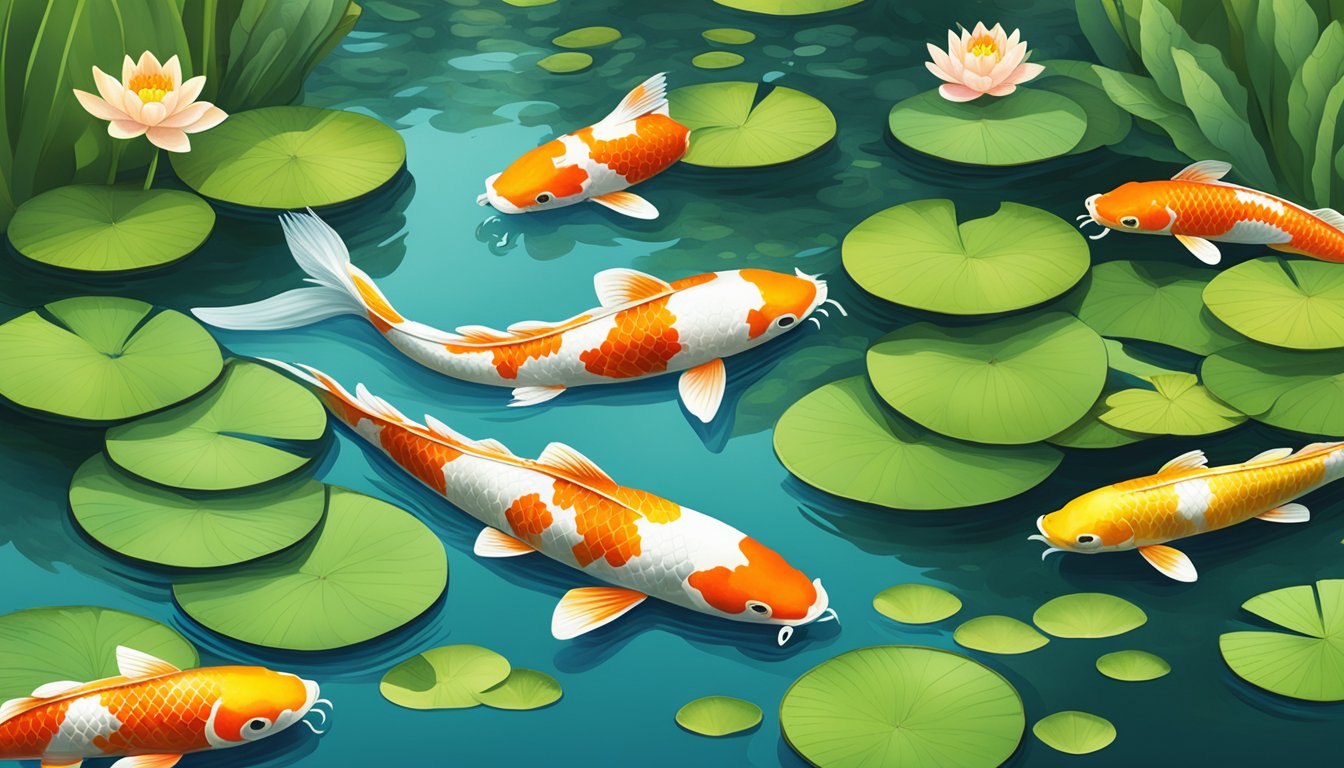 A serene koi pond in a lush garden, with vibrant water lilies floating on the surface, available for purchase at a local garden center in Singapore
