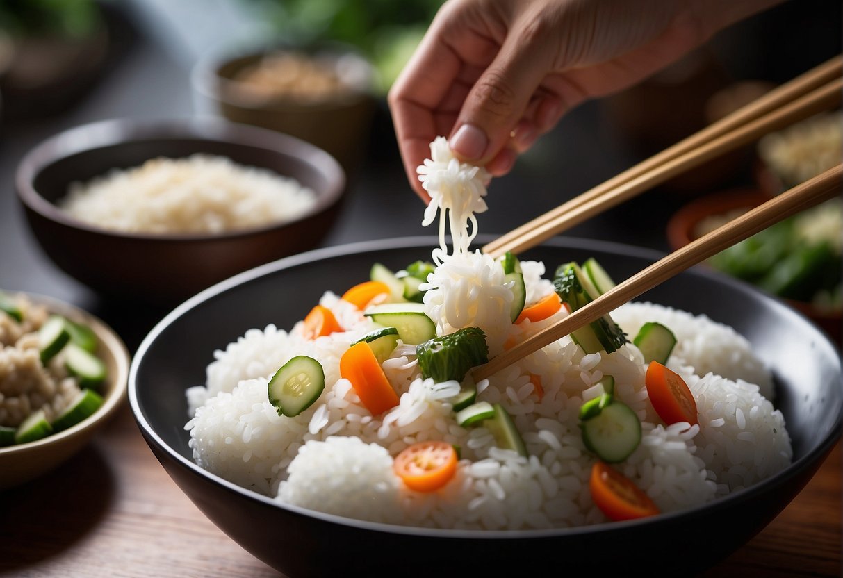 A pair of chopsticks lifting a steaming bowl of sticky rice, surrounded by small dishes of pickled vegetables and savory meats