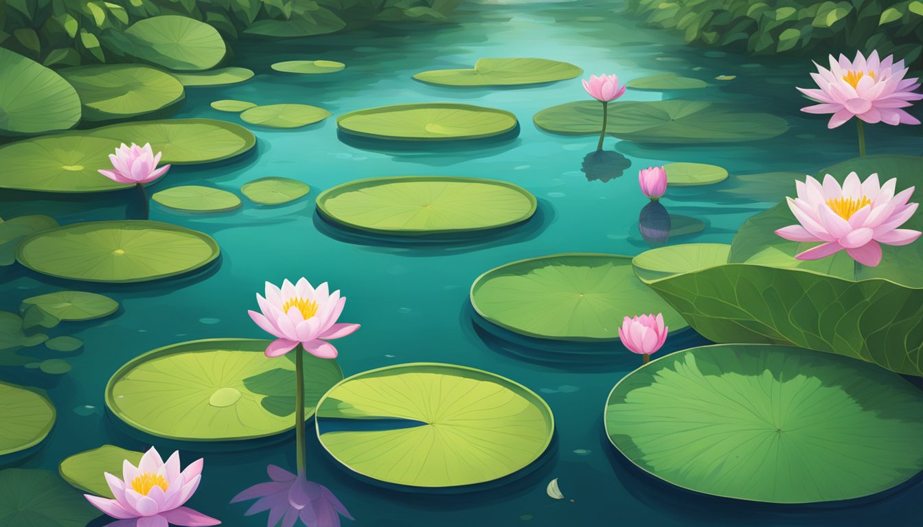 Water lilies float in a serene pond, surrounded by lush green foliage and vibrant blossoms, in the heart of Singapore