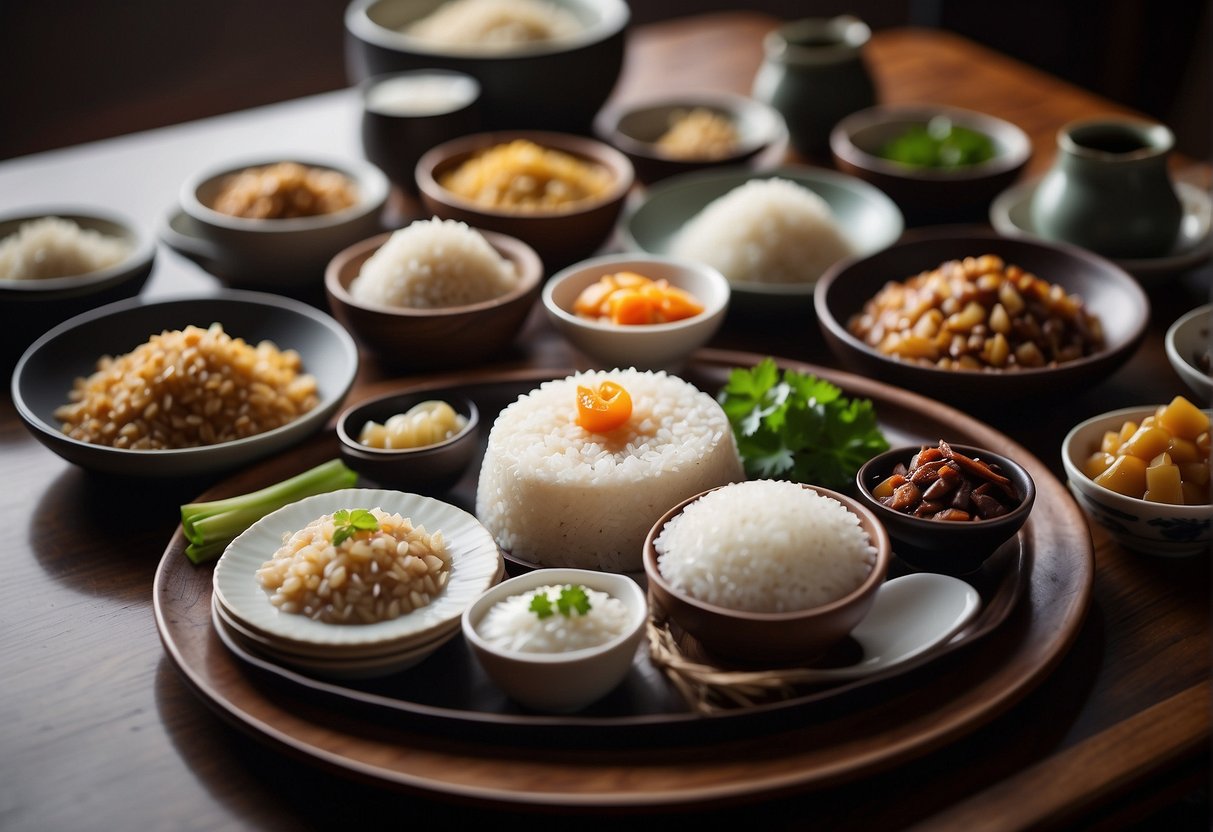 A table set with various traditional Chinese sticky rice dishes