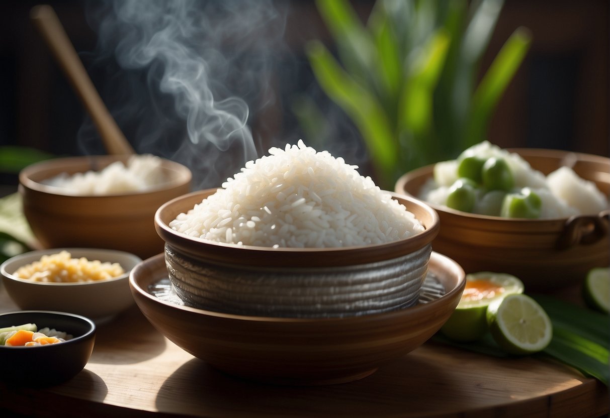 Sticky rice steaming in bamboo baskets over boiling water. Chinese cooking utensils and ingredients laid out on a wooden table