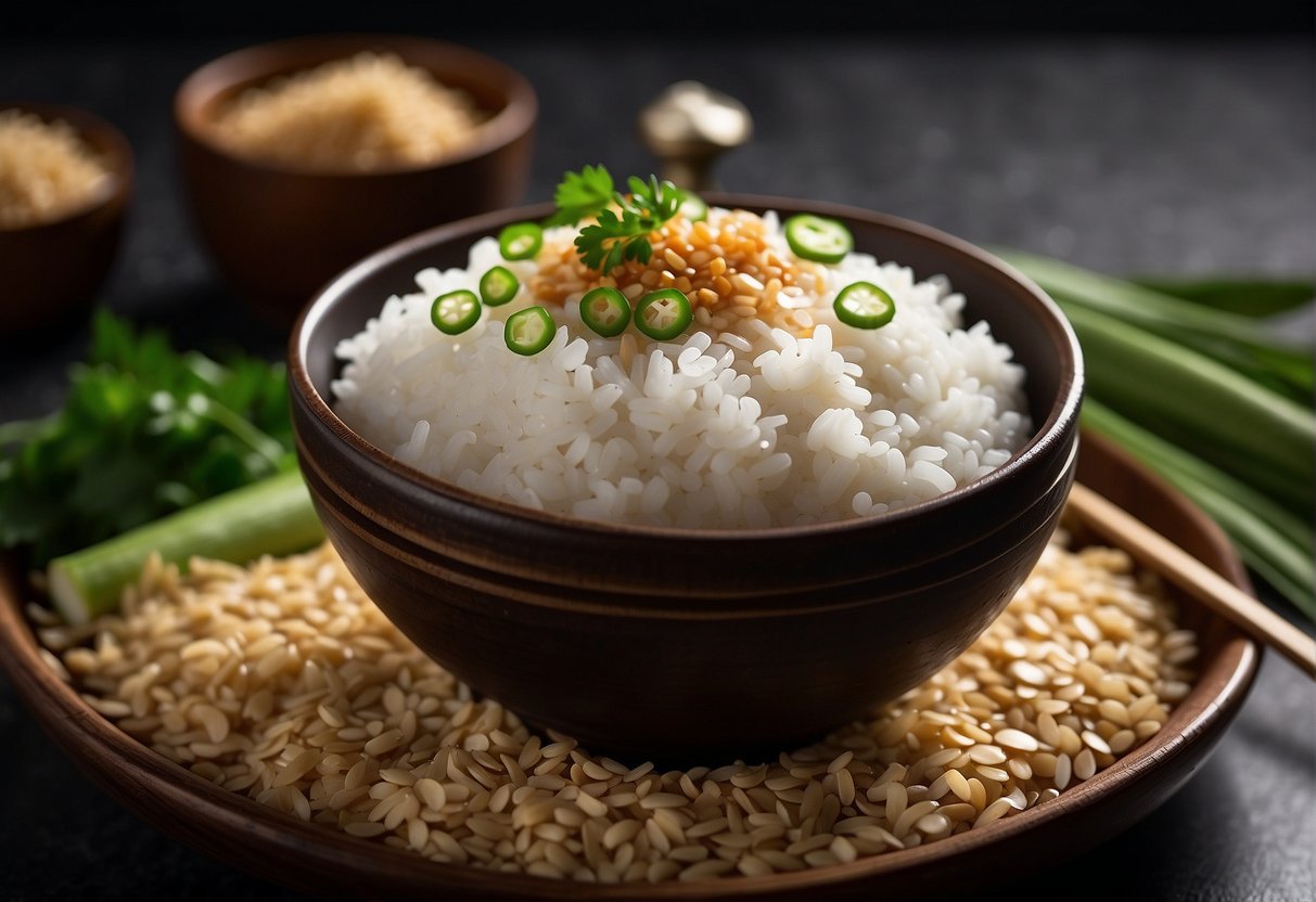 A steaming bowl of sticky rice with savory flavor enhancements, surrounded by traditional Chinese ingredients like soy sauce, sesame oil, and chopped scallions