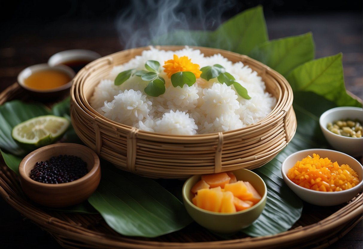 A steaming bamboo basket filled with savory sticky rice, adorned with fragrant lotus leaves and colorful toppings