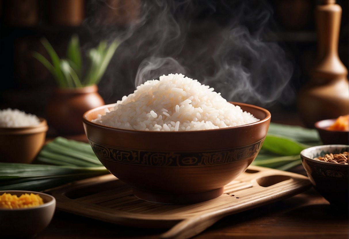 A bowl of steaming sticky rice surrounded by traditional Chinese ingredients and cooking utensils. The recipe title "Frequently Asked Questions sticky rice recipes chinese" is visible in the background