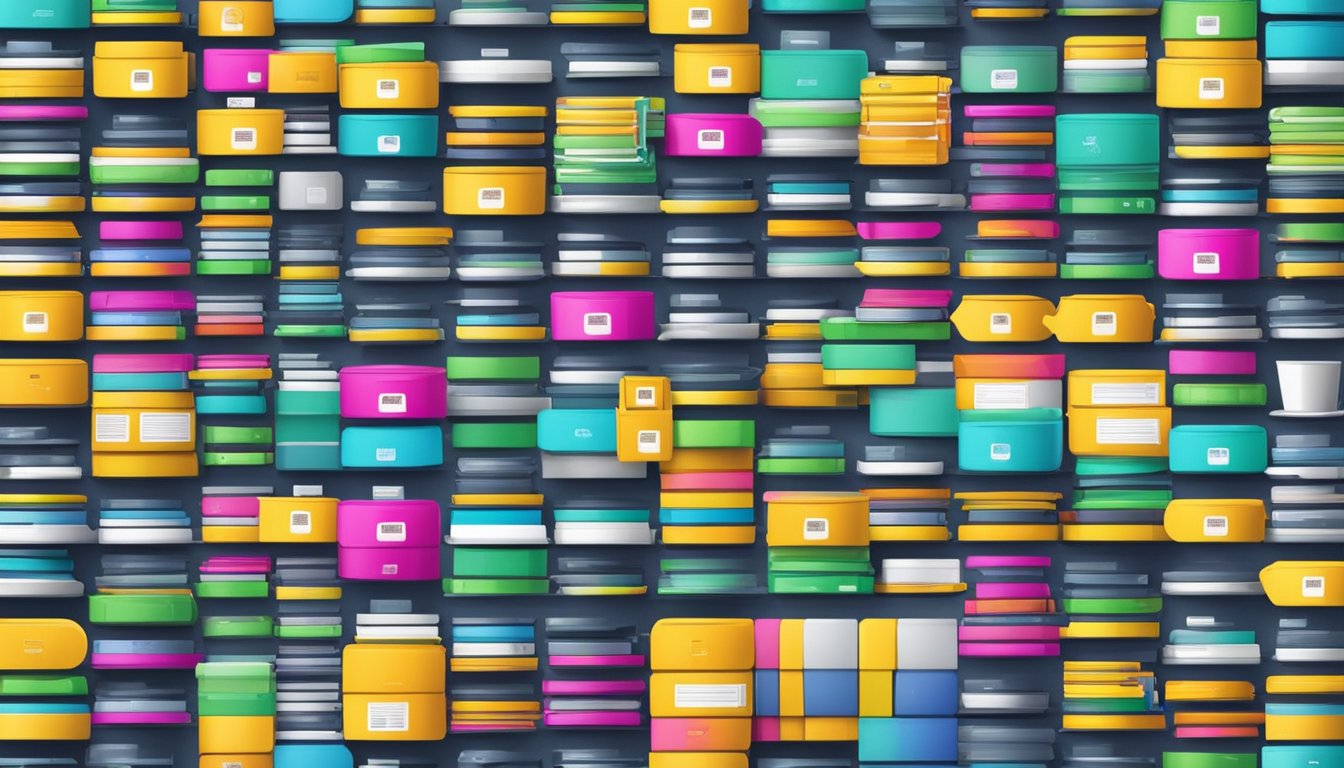 Colorful CDs stacked on shelves, with price tags and online marketplace logos, surrounded by digital devices and shipping supplies