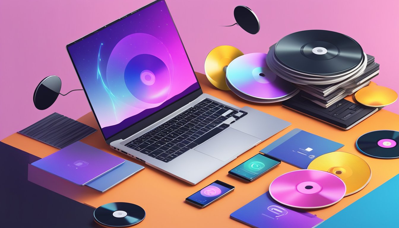 A laptop displaying various music streaming platforms while a pile of CDs sits in the background, symbolizing the shift towards digital music consumption