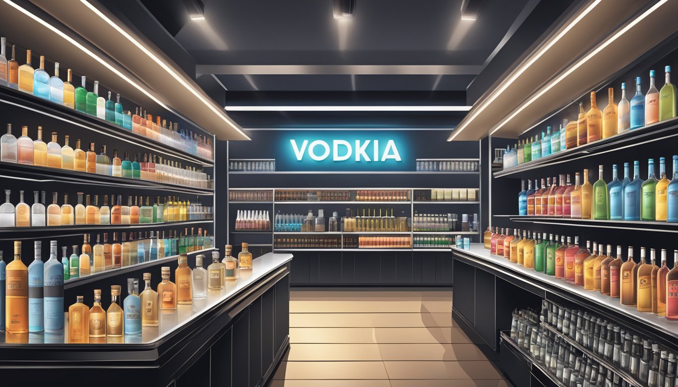 A sleek, modern liquor store with shelves lined with various brands of vodka, illuminated by soft overhead lighting. A sign above the counter displays the store's name and logo