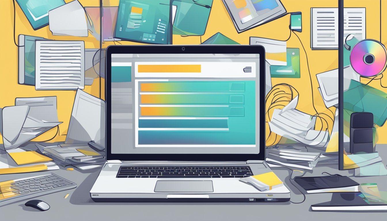 A laptop open to a website with "Frequently Asked Questions cheapest place to buy cds online" displayed, surrounded by scattered CDs and a mouse