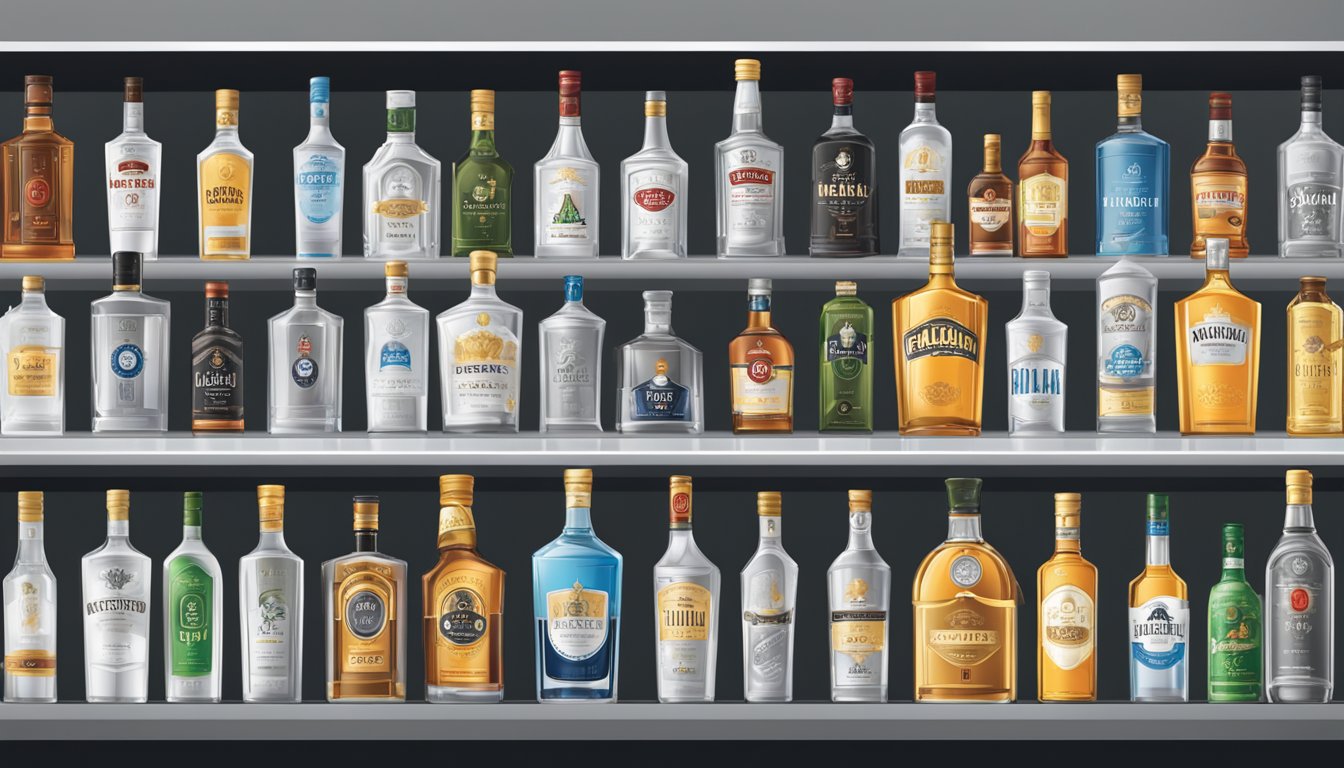 A well-lit liquor store shelf displays a variety of vodka bottles from different brands, each with distinct labels and sizes, offering a range of options for customers to choose from
