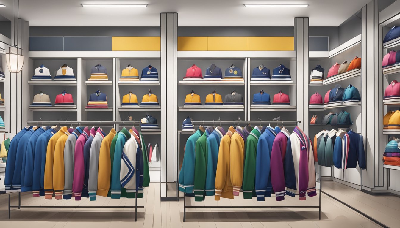 A display of trendy varsity jackets in a boutique in Singapore, with various colors and designs showcased on racks and mannequins