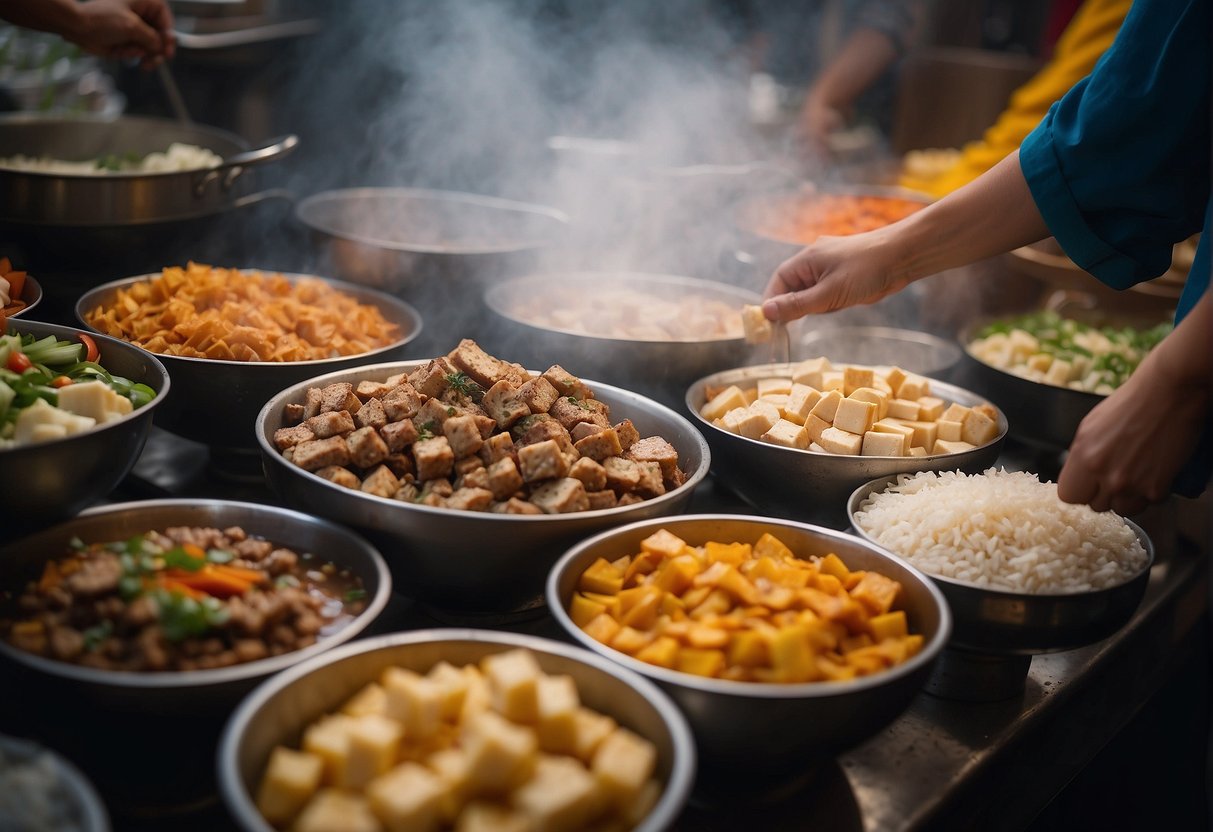 A hand reaches for tofu, chicken, or beef in a bustling Chinese market, surrounded by colorful ingredients and steaming pots