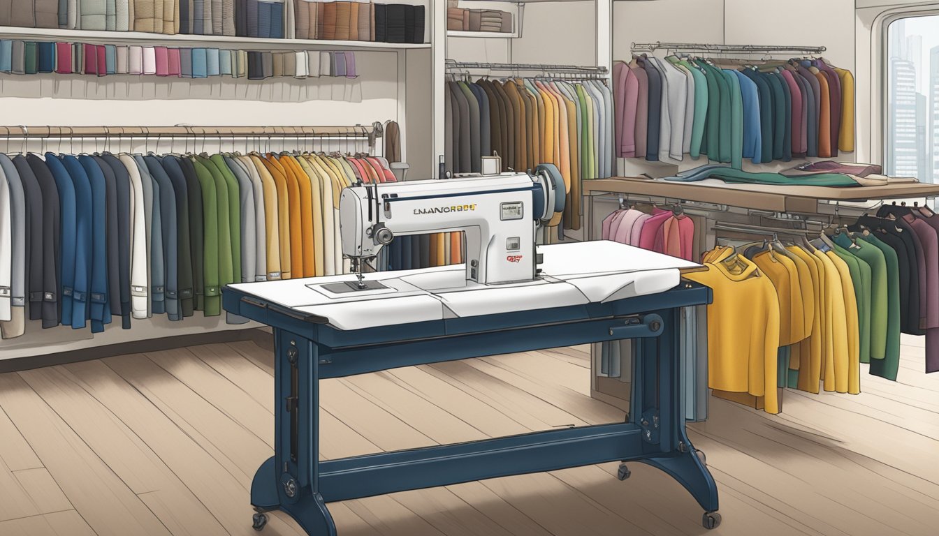 A tailor's table with various fabric swatches, sewing machine, and custom embroidery options for varsity jackets in a bustling Singapore shop