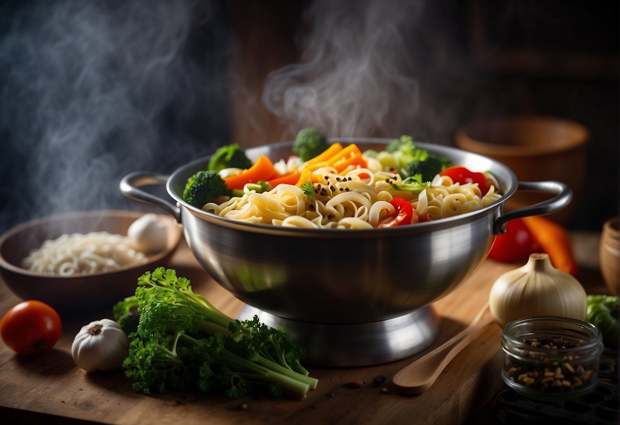 A pot simmering with colorful vegetables and seasonings, surrounded by bundles of Chinese noodles, steaming and ready to be served